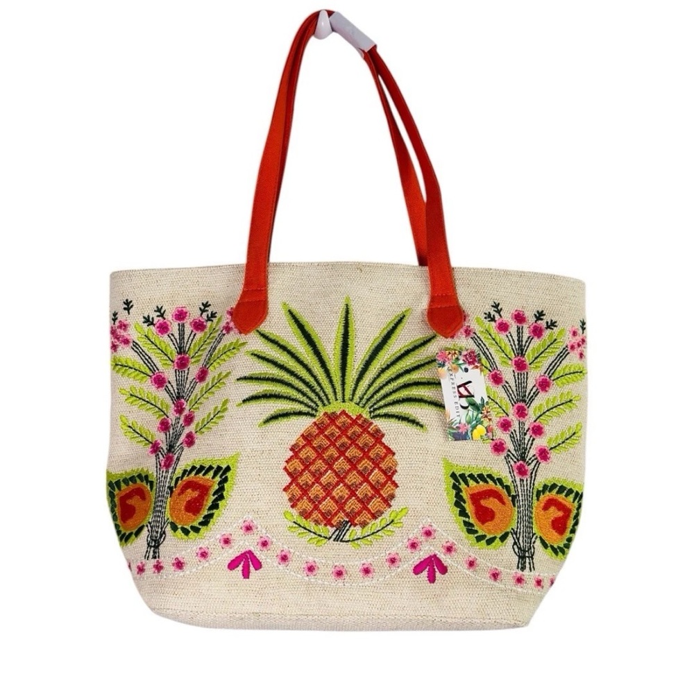 America and Beyond Pineapple Embellished Tote Beige with Orange Handles NWT